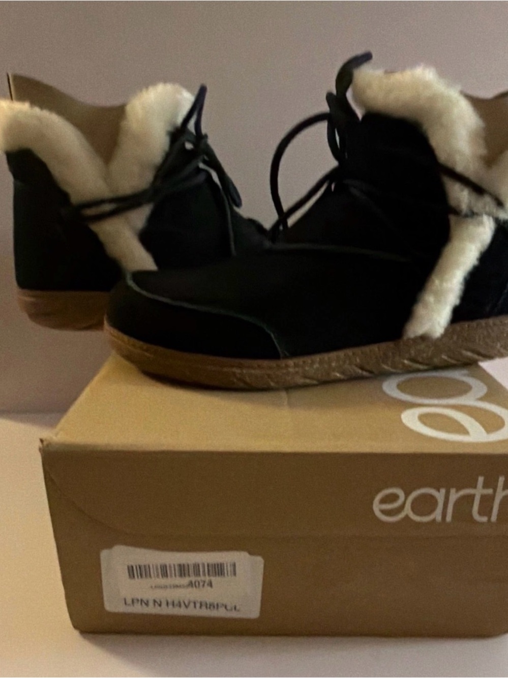 Earth Black Ankle Booties with Cream Faux-Fur Trim